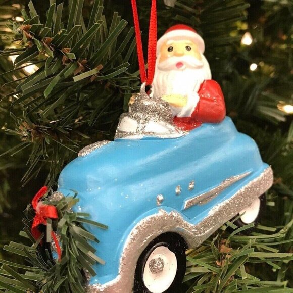 CBK Other - Santa Driving Blue & Silver Sports Car Christmas Tree Ornament Wreath Grill